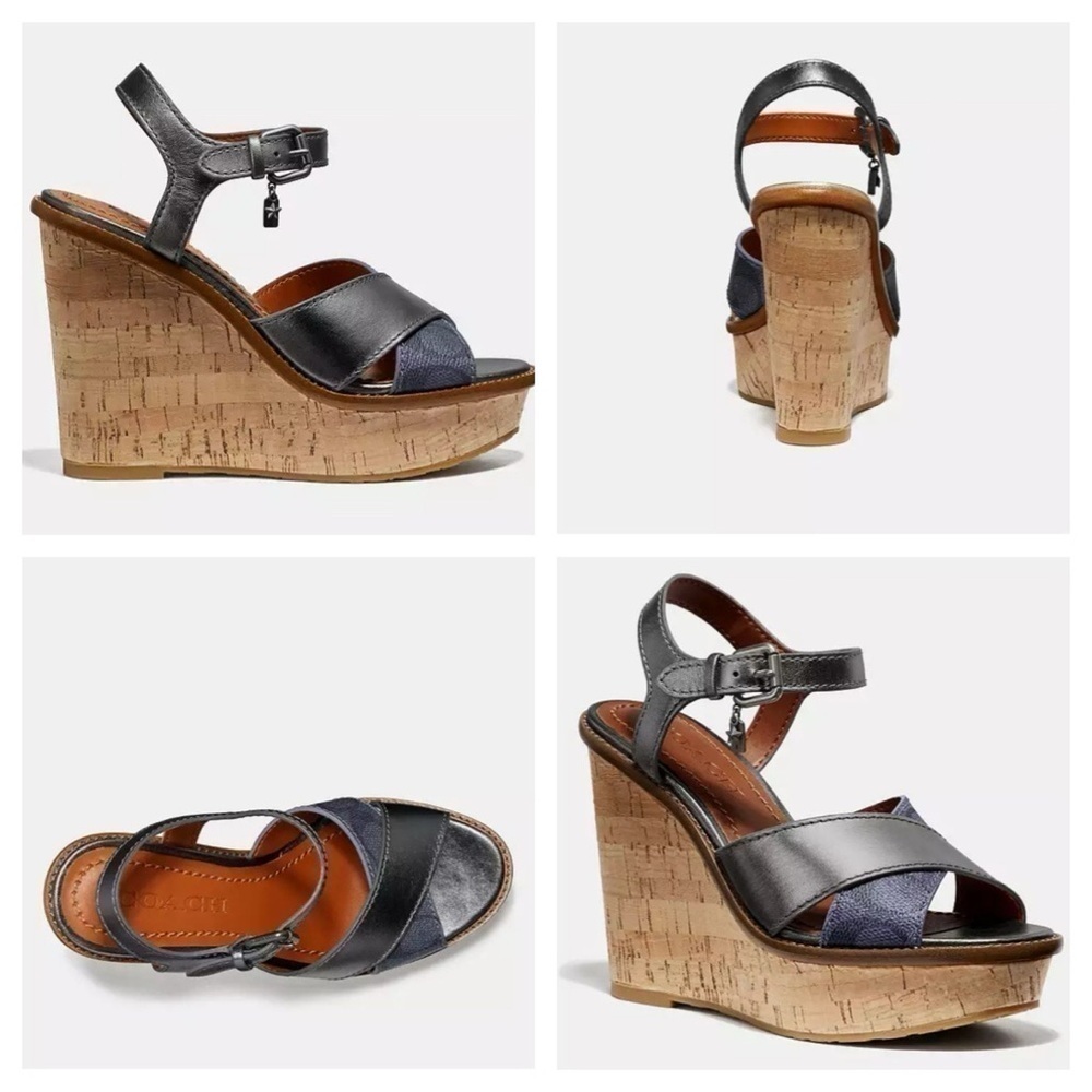 Coach Cross Band High Wedge Sandal size 8.5 B silver/tan